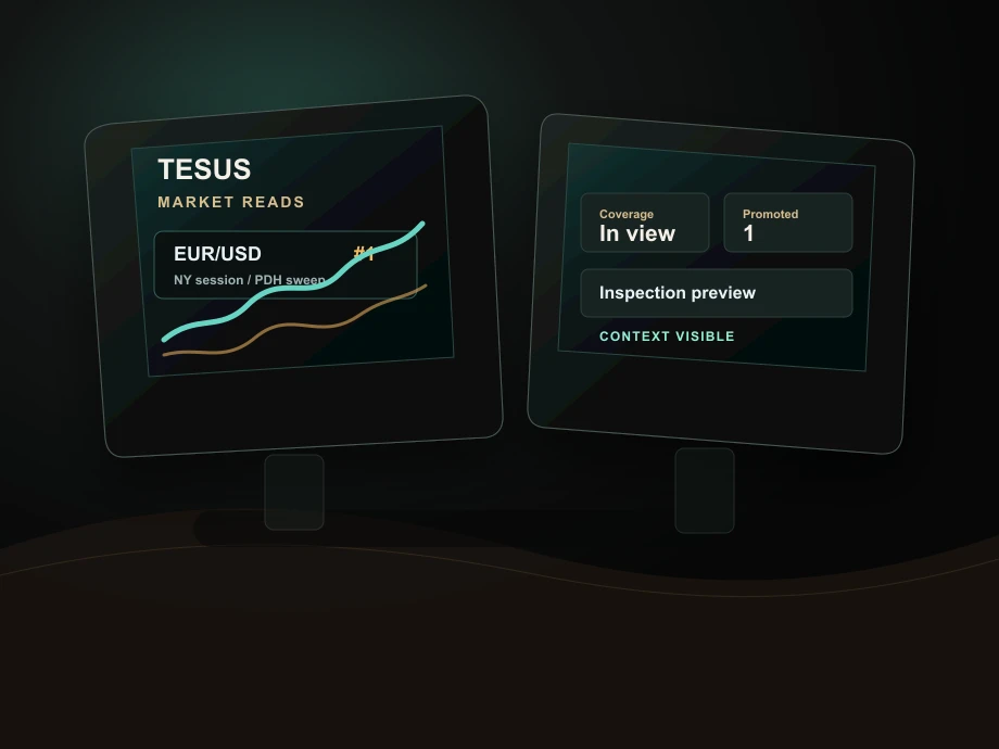 Tesus market reads product mockup with charts and context rows